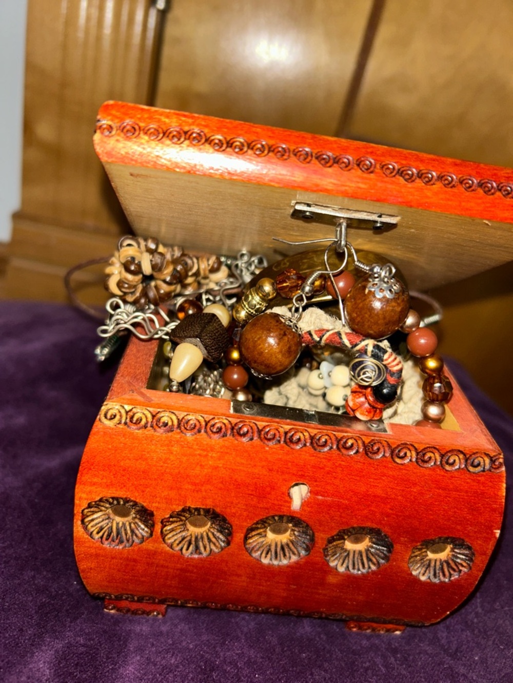 Wood box full of mystery bohemian/ earthy/hippie themed jewelry